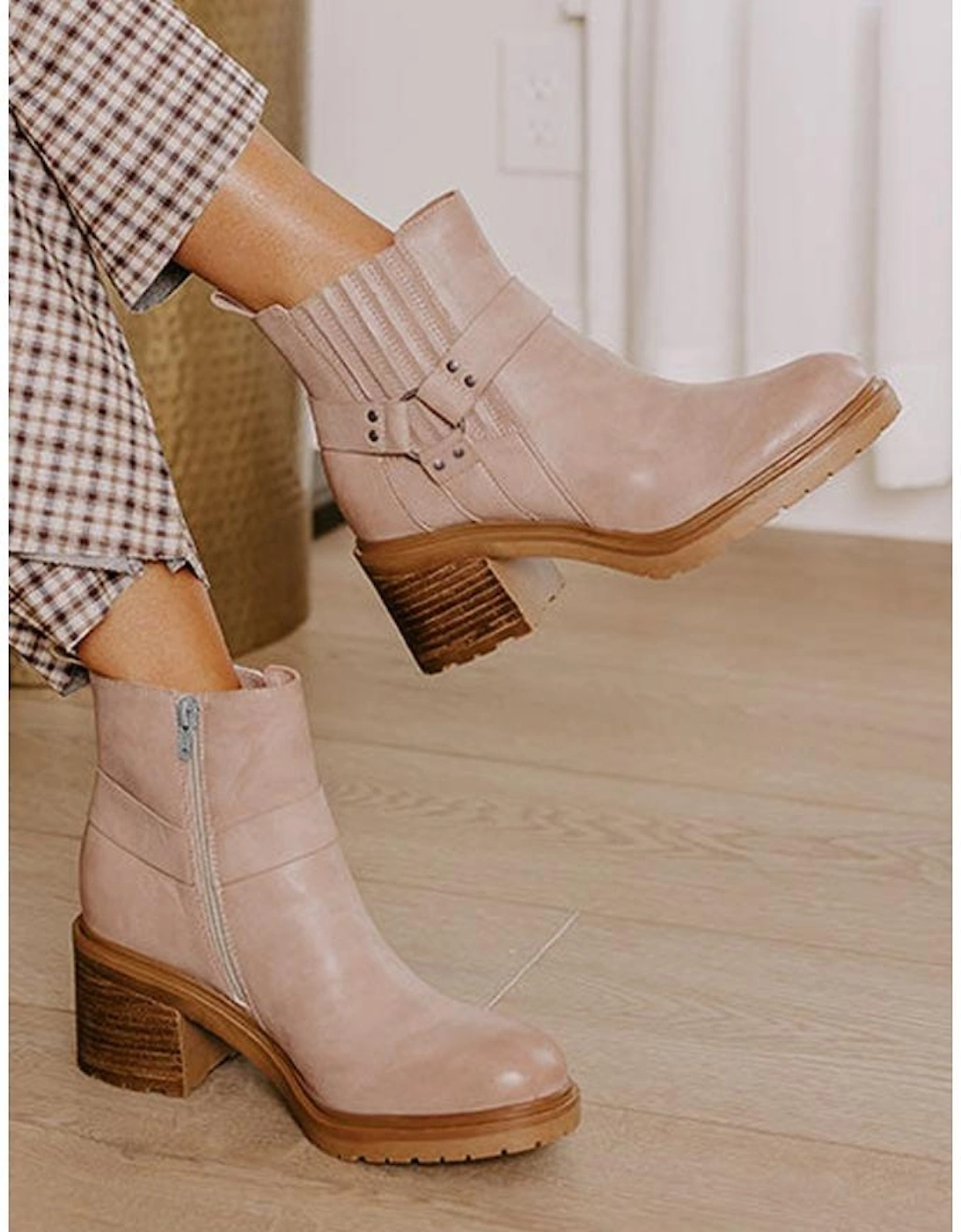 Beige Ring Linked Zipper Chunky Heel Ankle Boots, 5 of 4