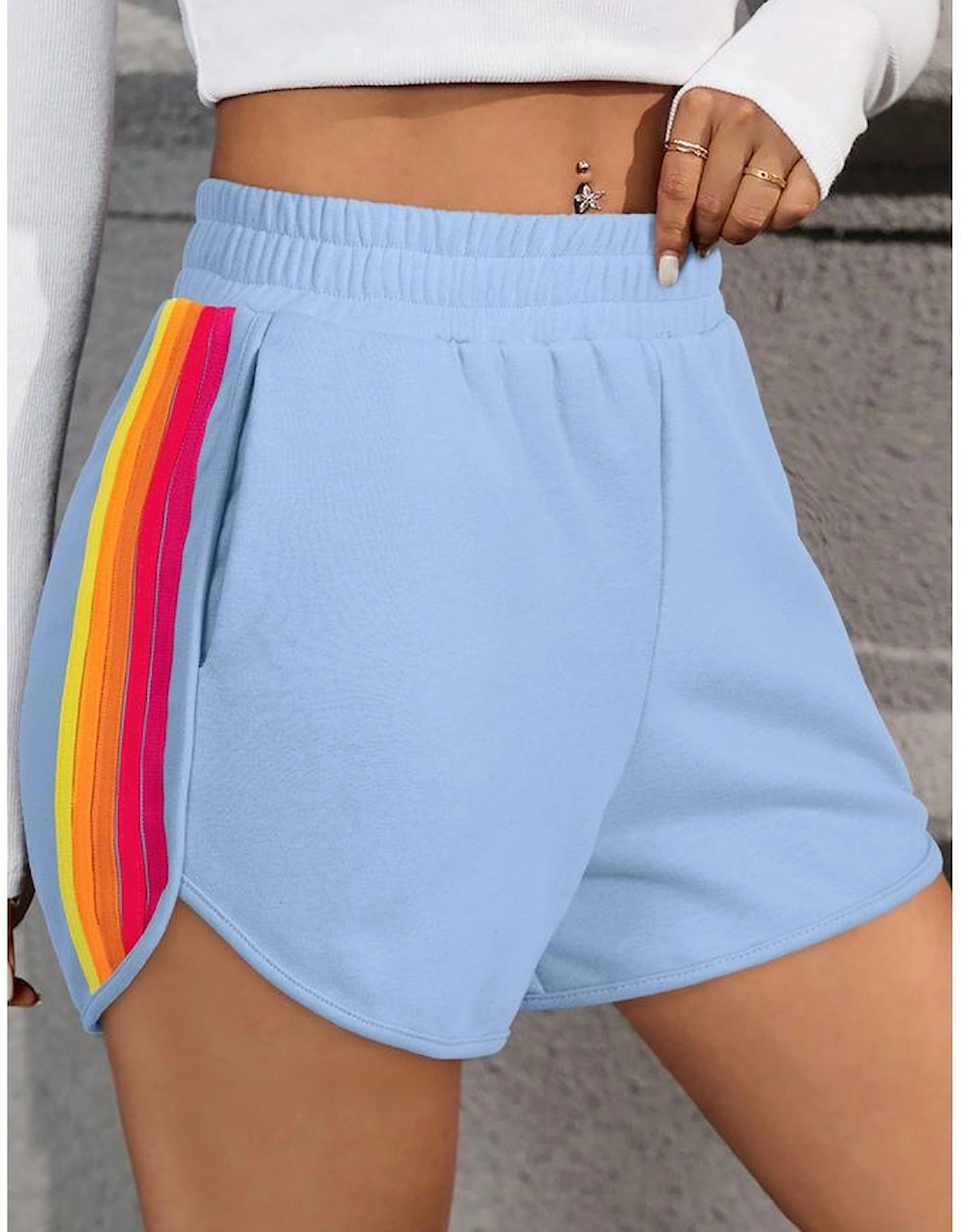 Beau Blue Color Block Stripes Elastic High Waist Active Shorts