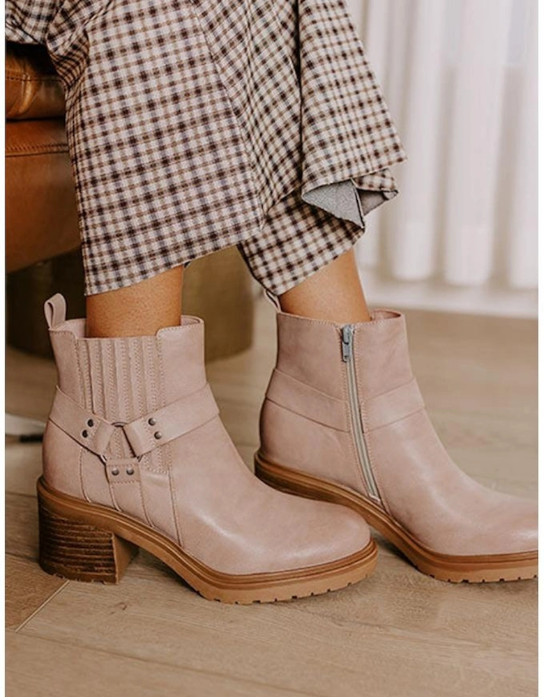 Beige Ring Linked Zipper Chunky Heel Ankle Boots