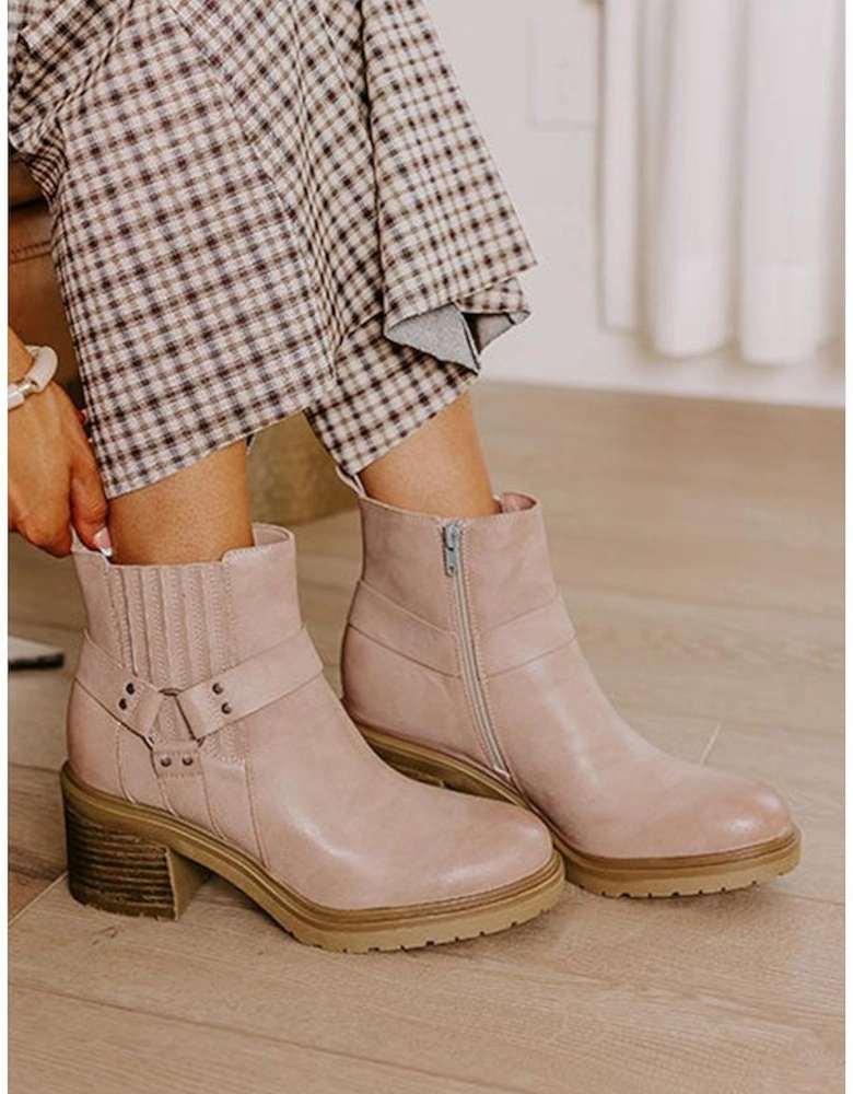 Beige Ring Linked Zipper Chunky Heel Ankle Boots