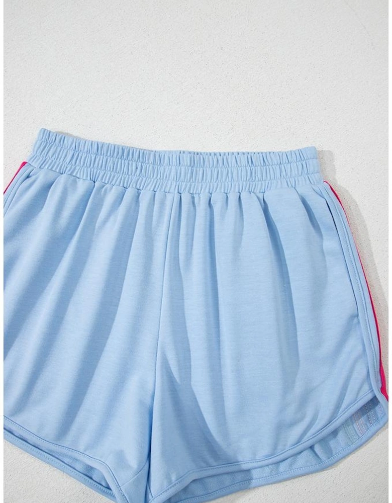 Beau Blue Color Block Stripes Elastic High Waist Active Shorts