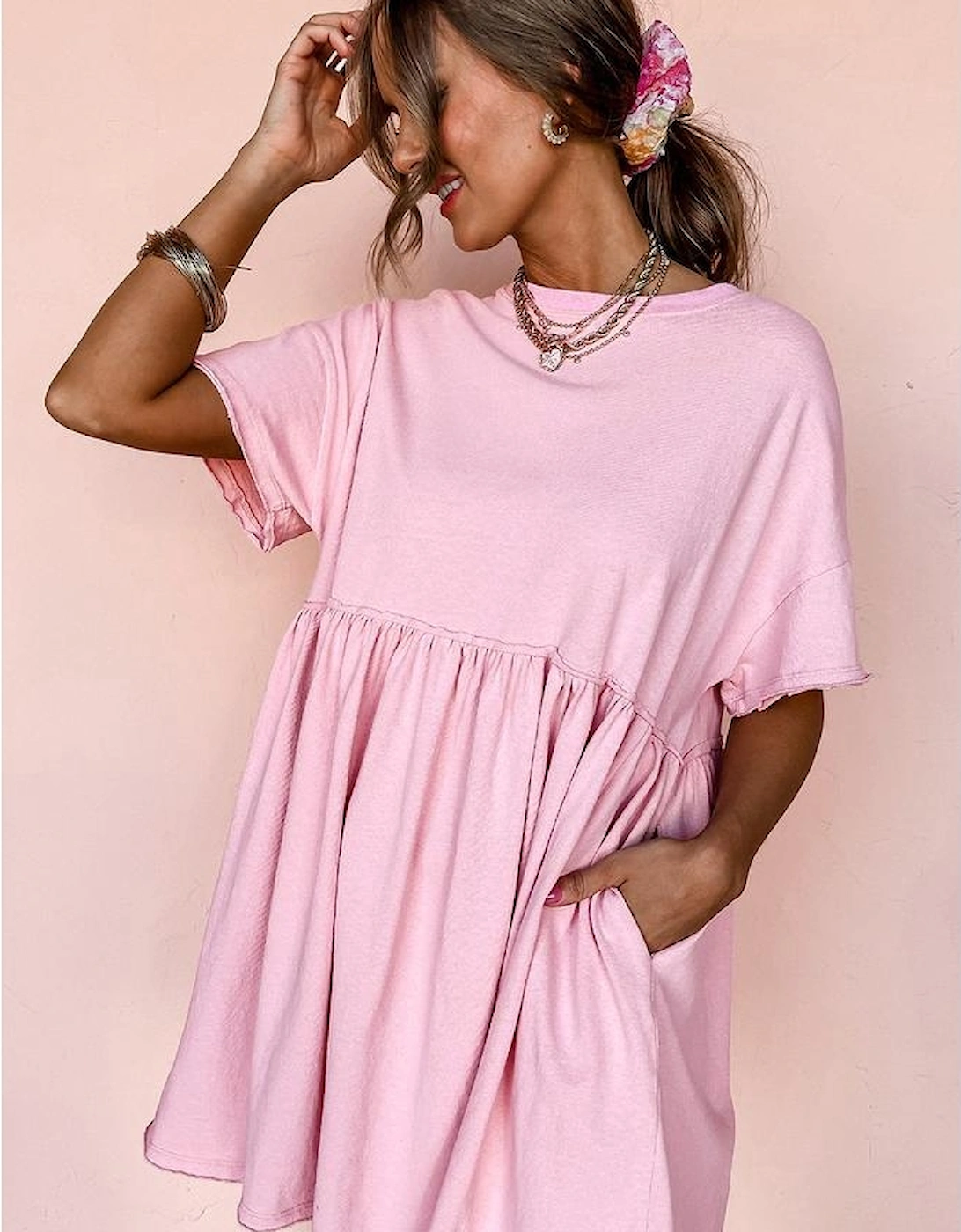 Light Pink Solid Color Pocketed Raw Edge Babydoll Dress, 15 of 14