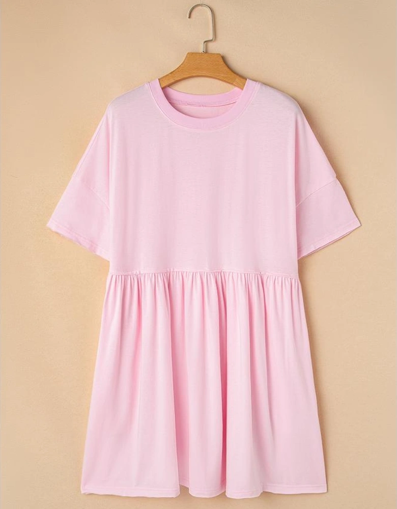 Light Pink Solid Color Pocketed Raw Edge Babydoll Dress
