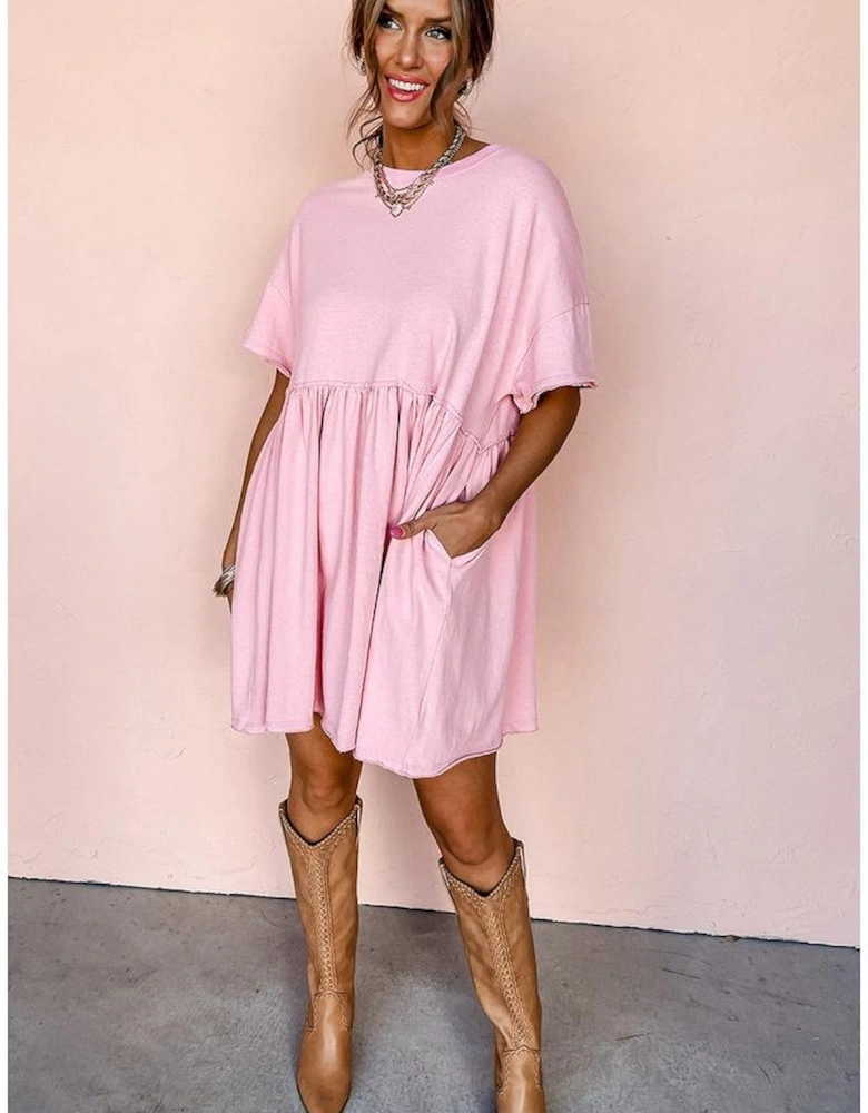 Light Pink Solid Color Pocketed Raw Edge Babydoll Dress