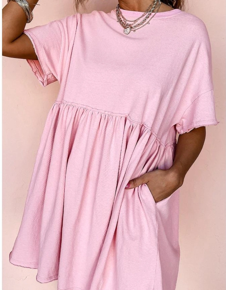 Light Pink Solid Color Pocketed Raw Edge Babydoll Dress