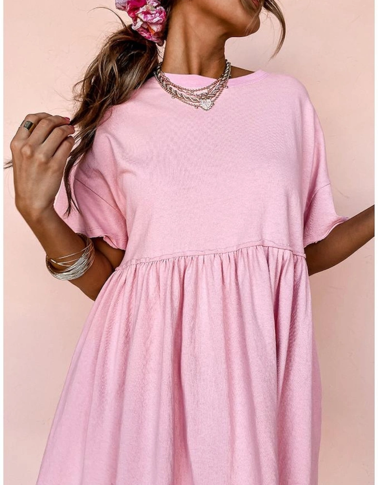 Light Pink Solid Color Pocketed Raw Edge Babydoll Dress
