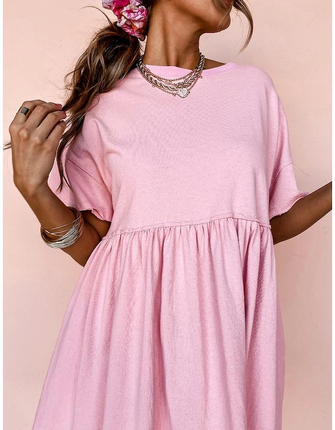 Light Pink Solid Color Pocketed Raw Edge Babydoll Dress