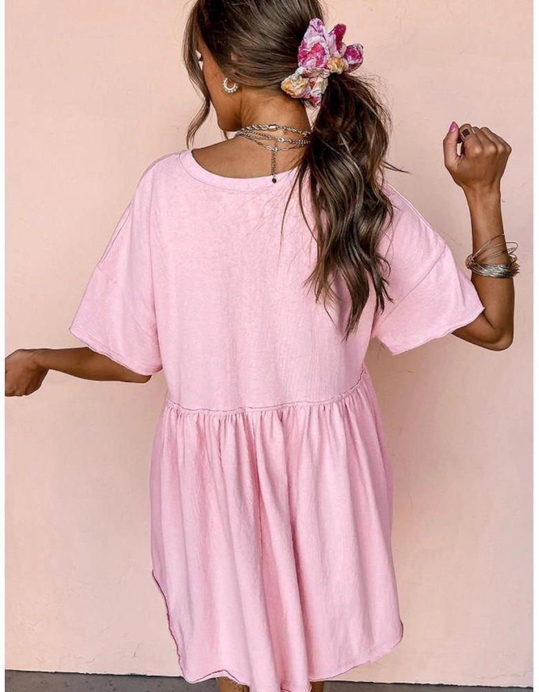 Light Pink Solid Color Pocketed Raw Edge Babydoll Dress