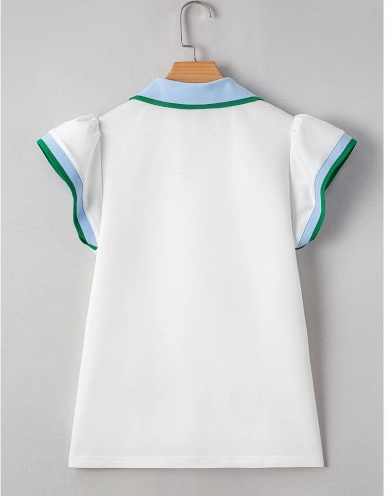 White Color Contrast Ruffled Sleeve Collared V Neck Blouse