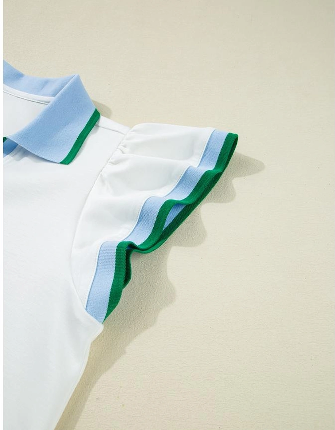 White Color Contrast Ruffled Sleeve Collared V Neck Blouse