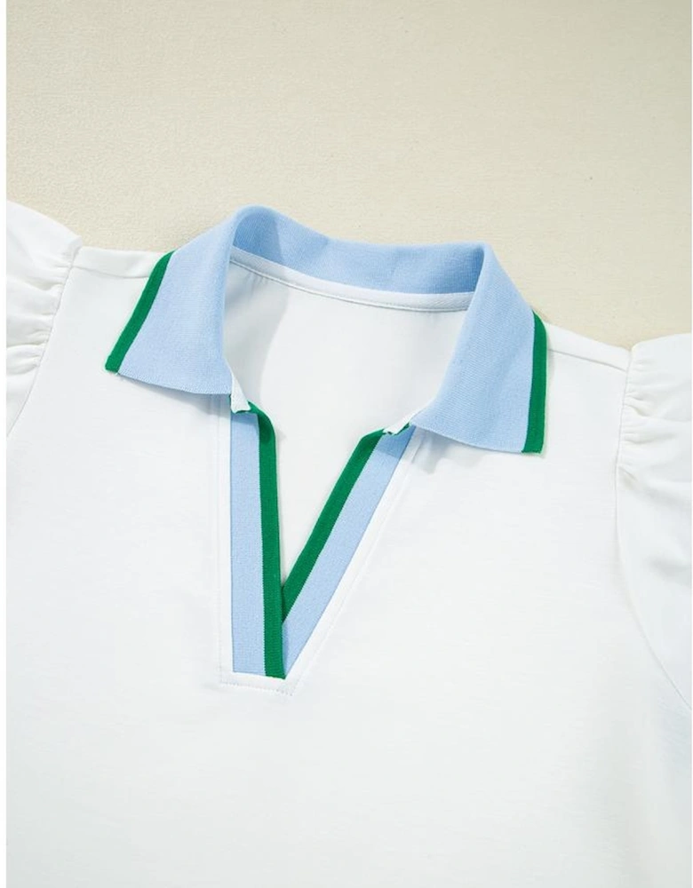 White Color Contrast Ruffled Sleeve Collared V Neck Blouse