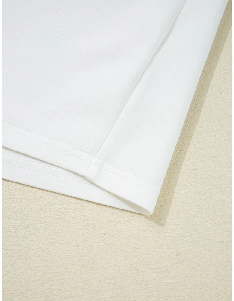 White Color Contrast Ruffled Sleeve Collared V Neck Blouse