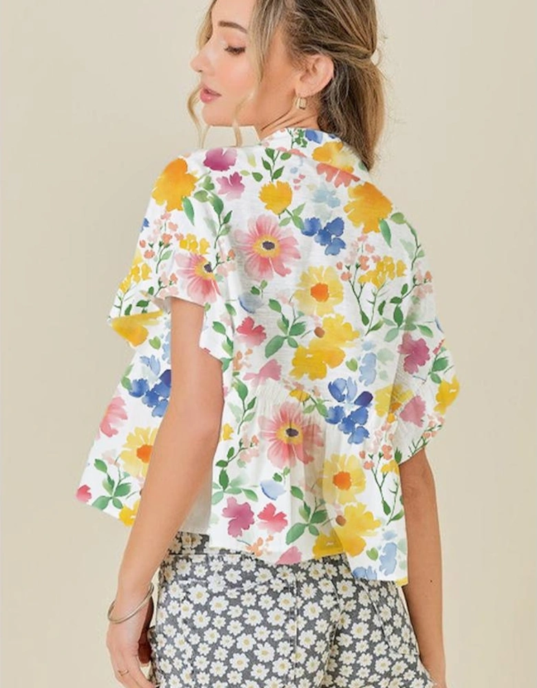 Yellow Floral Boxy Fit Ruffled Short Sleeve V Neck Blouse