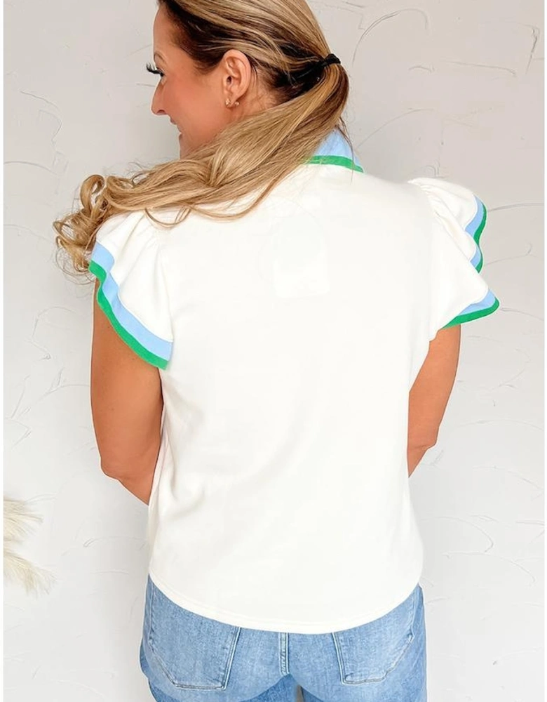 White Color Contrast Ruffled Sleeve Collared V Neck Blouse