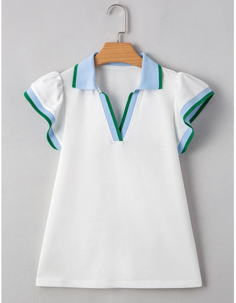 White Color Contrast Ruffled Sleeve Collared V Neck Blouse