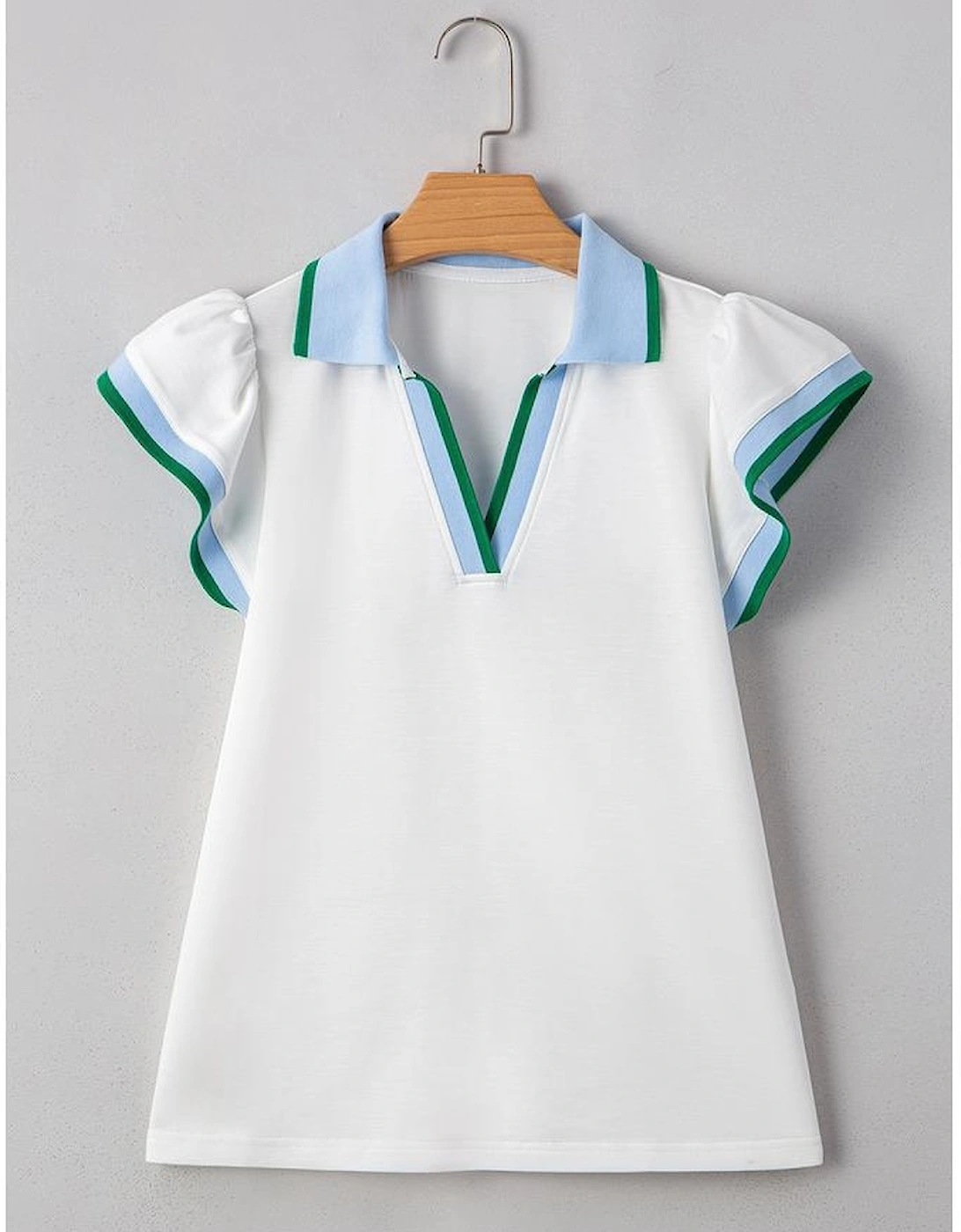 White Color Contrast Ruffled Sleeve Collared V Neck Blouse