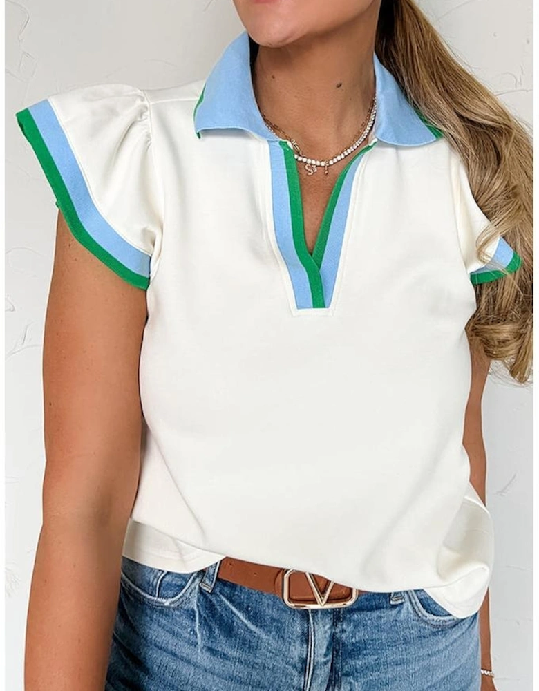 White Color Contrast Ruffled Sleeve Collared V Neck Blouse