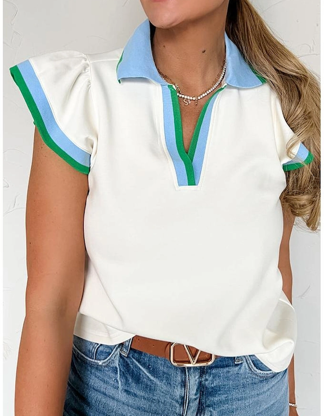 White Color Contrast Ruffled Sleeve Collared V Neck Blouse