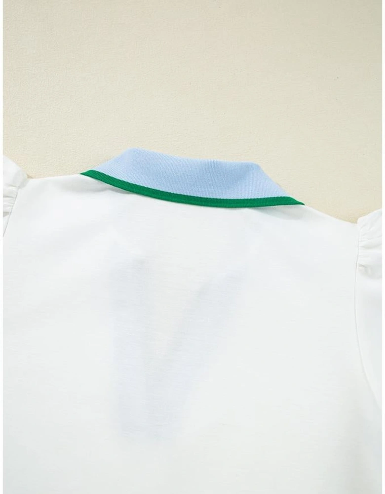 White Color Contrast Ruffled Sleeve Collared V Neck Blouse