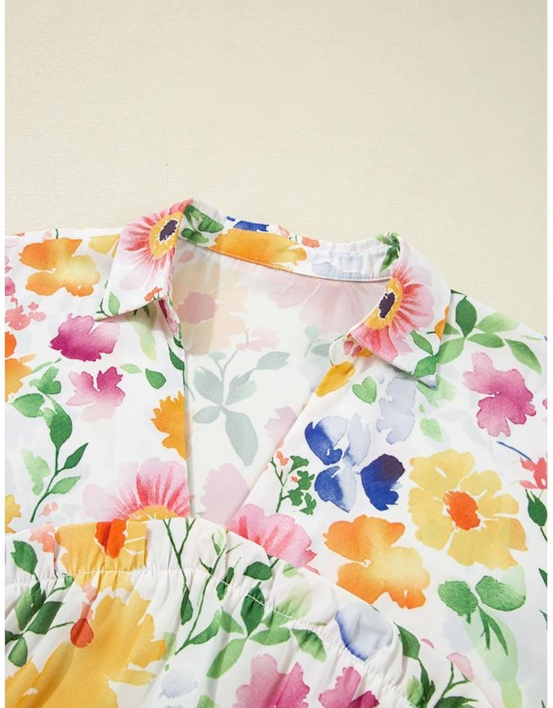 Yellow Floral Boxy Fit Ruffled Short Sleeve V Neck Blouse