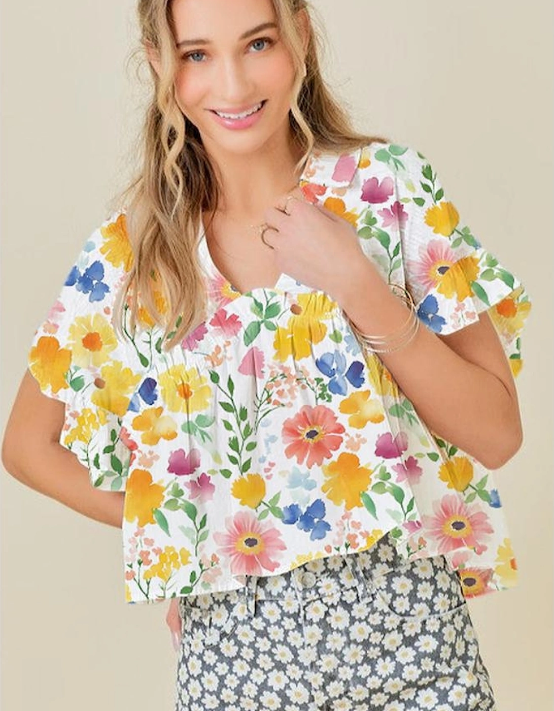 Yellow Floral Boxy Fit Ruffled Short Sleeve V Neck Blouse