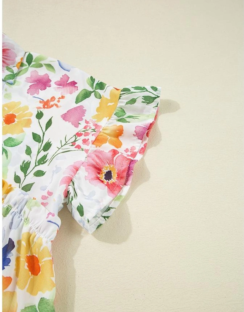 Yellow Floral Boxy Fit Ruffled Short Sleeve V Neck Blouse