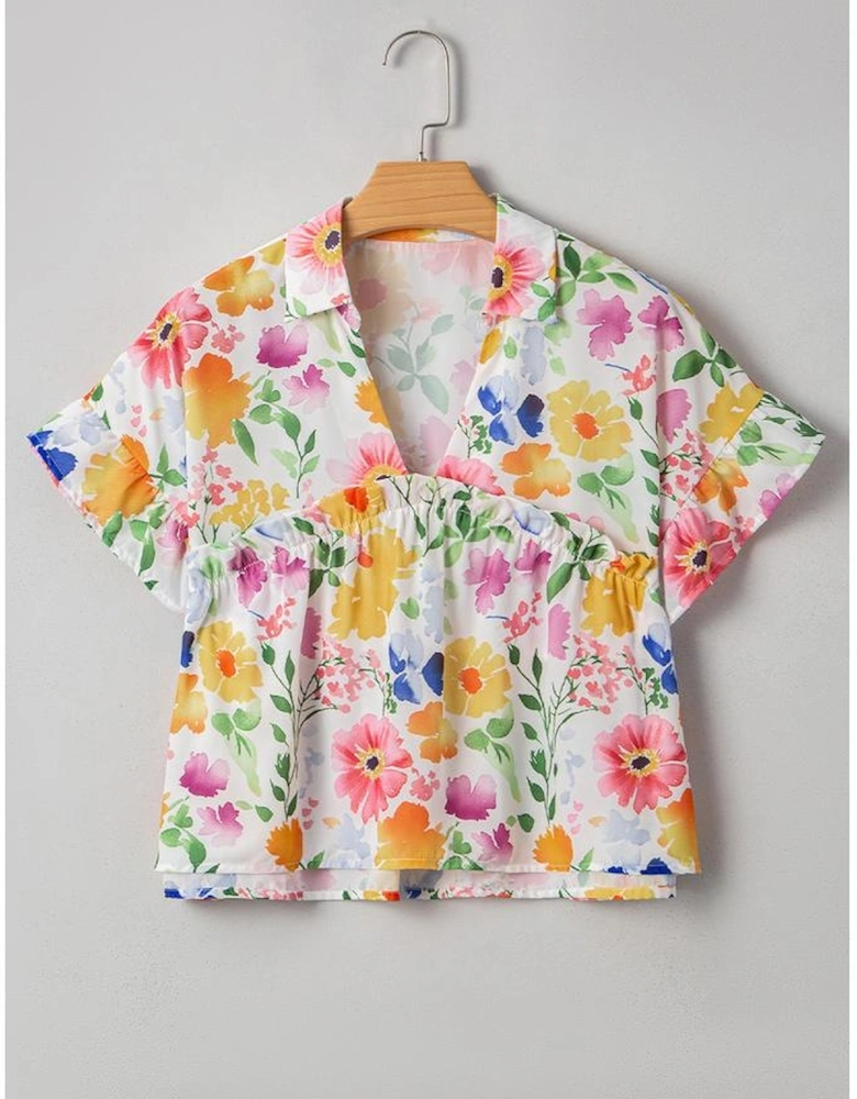 Yellow Floral Boxy Fit Ruffled Short Sleeve V Neck Blouse