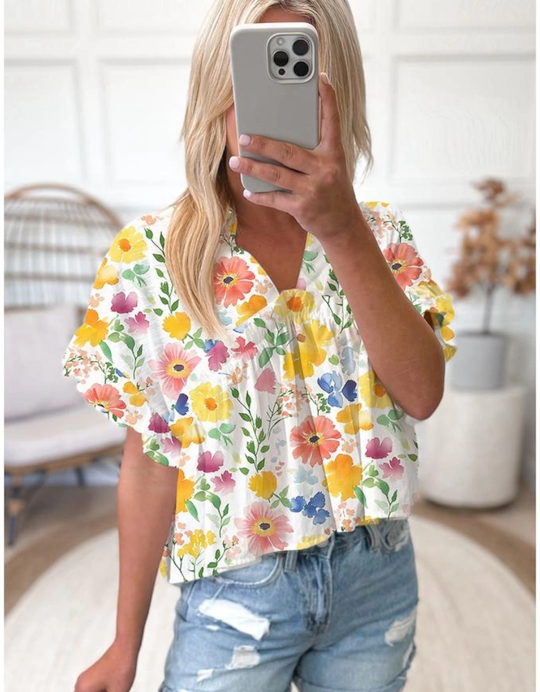 Yellow Floral Boxy Fit Ruffled Short Sleeve V Neck Blouse