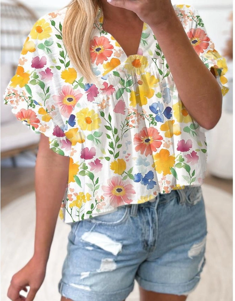 Yellow Floral Boxy Fit Ruffled Short Sleeve V Neck Blouse