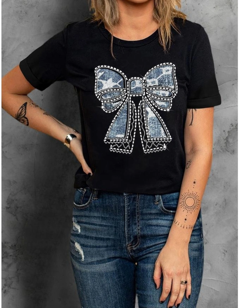 Black Rhinestone Bowknot Graphic Crewneck T Shirt