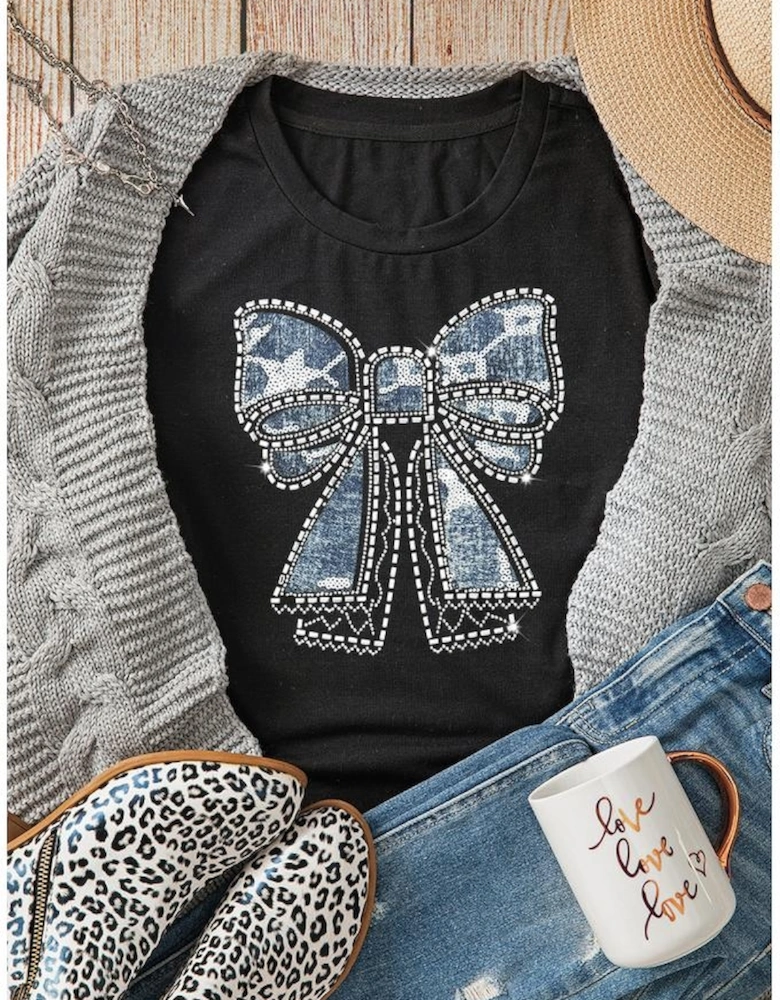 Black Rhinestone Bowknot Graphic Crewneck T Shirt