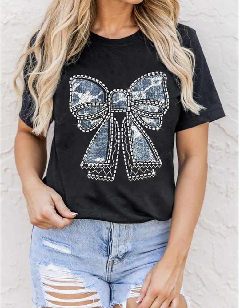 Black Rhinestone Bowknot Graphic Crewneck T Shirt