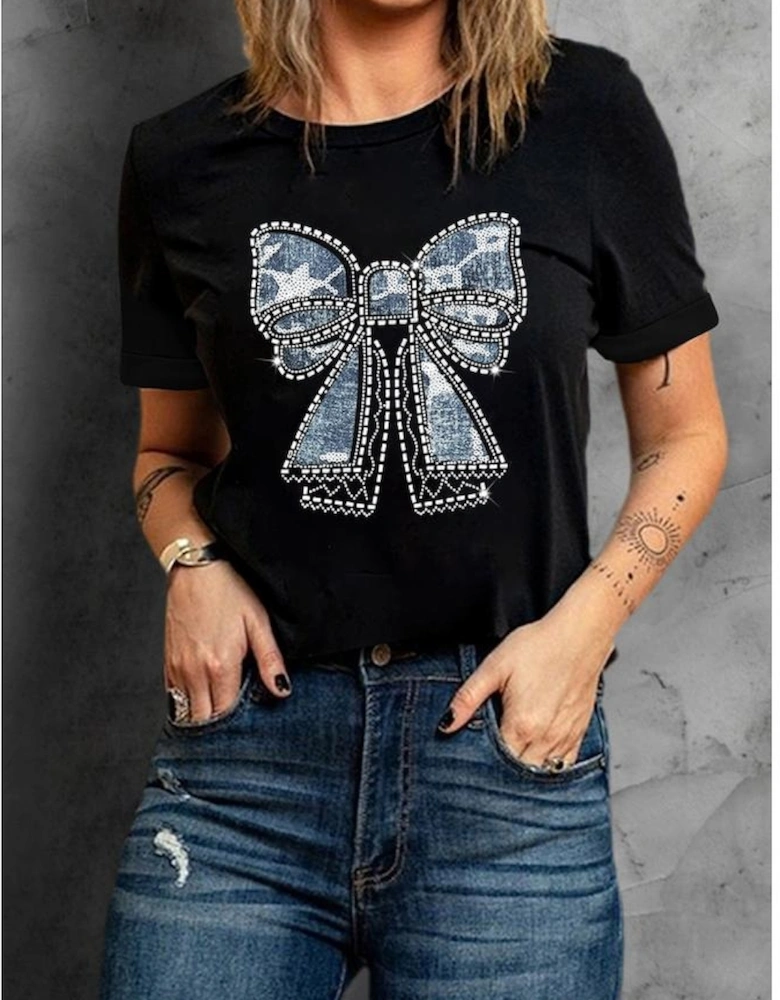 Black Rhinestone Bowknot Graphic Crewneck T Shirt