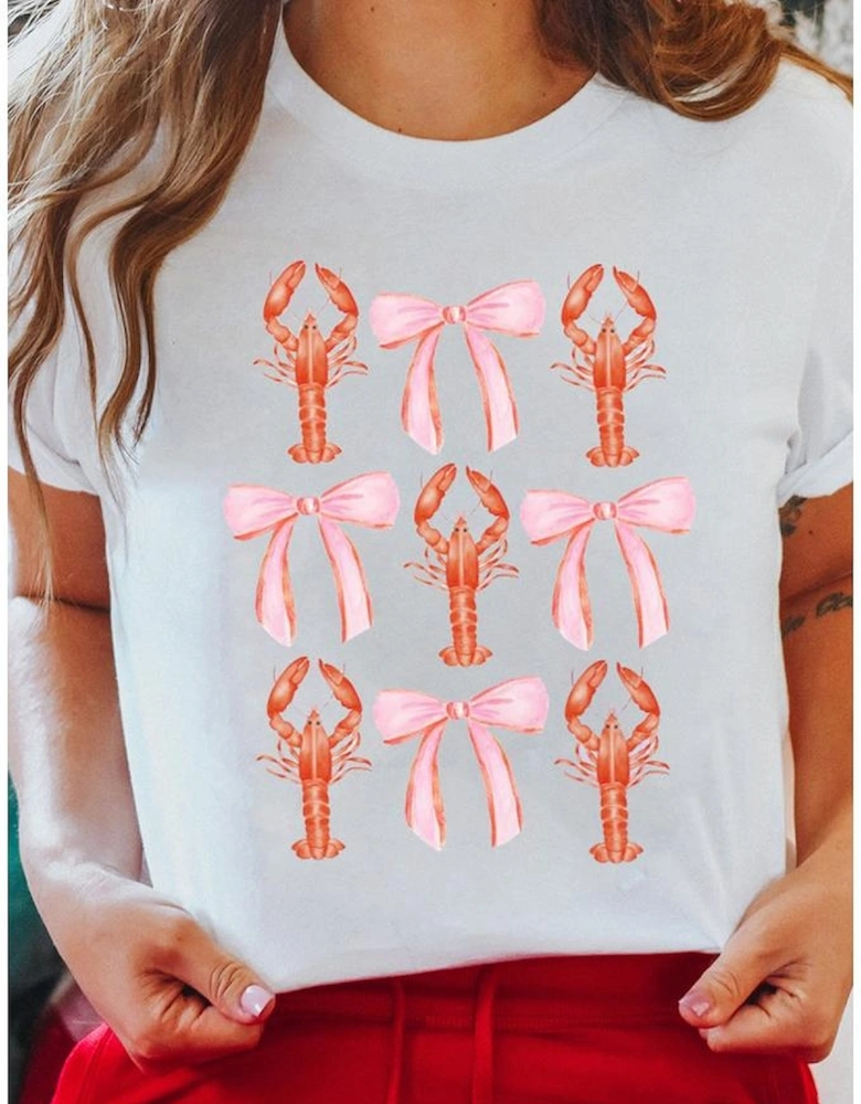 White Crawfish Bow Printed Summer T Shirt