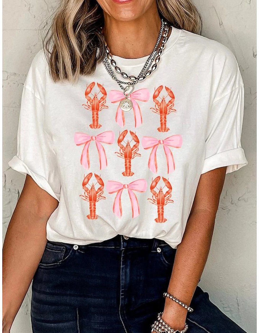 White Crawfish Bow Printed Summer T Shirt