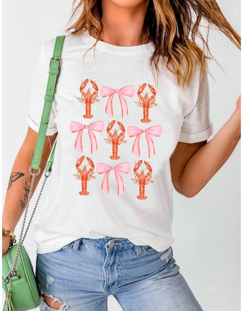 White Crawfish Bow Printed Summer T Shirt