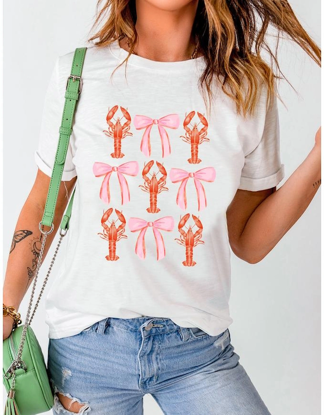 White Crawfish Bow Printed Summer T Shirt
