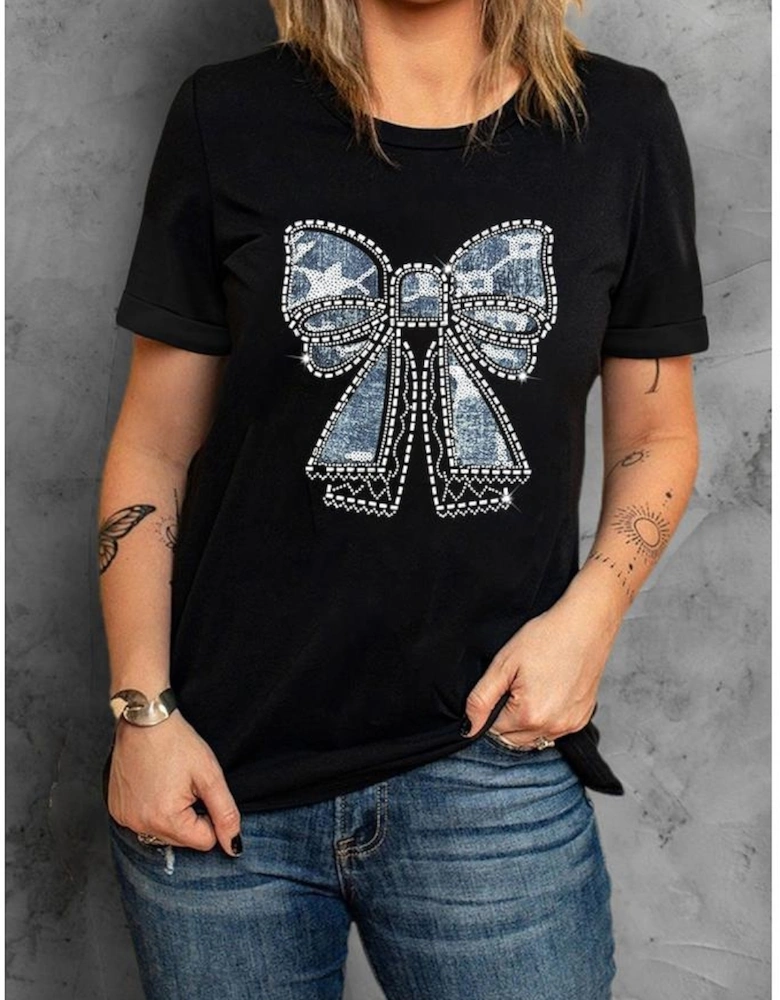 Black Rhinestone Bowknot Graphic Crewneck T Shirt