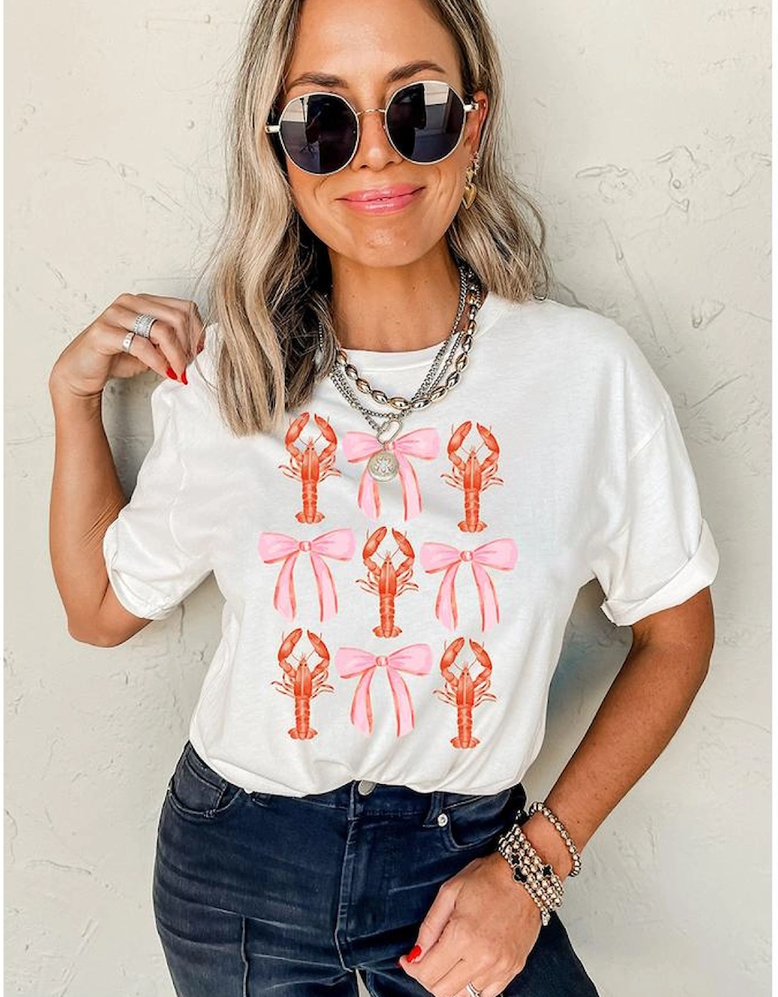 White Crawfish Bow Printed Summer T Shirt