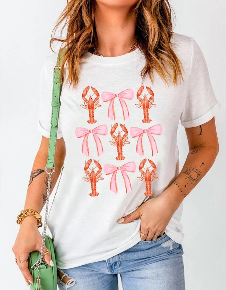 White Crawfish Bow Printed Summer T Shirt