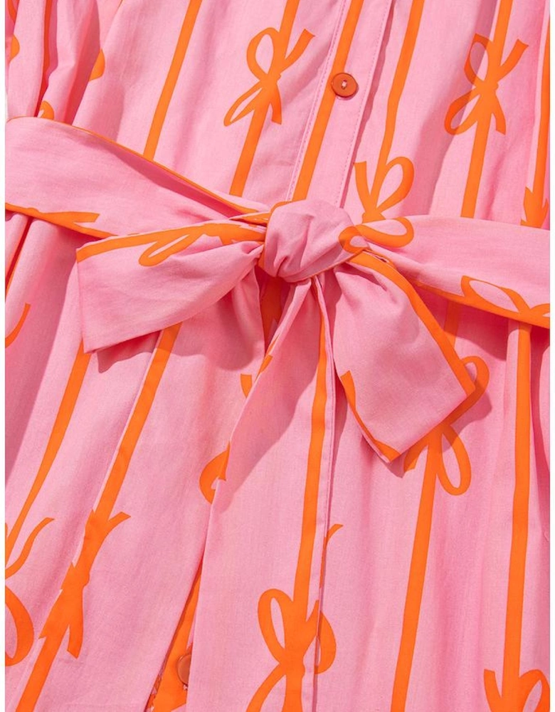 Pink Bowknot Striped Printed Bubble Sleeve Buttoned Belted Mini Dress