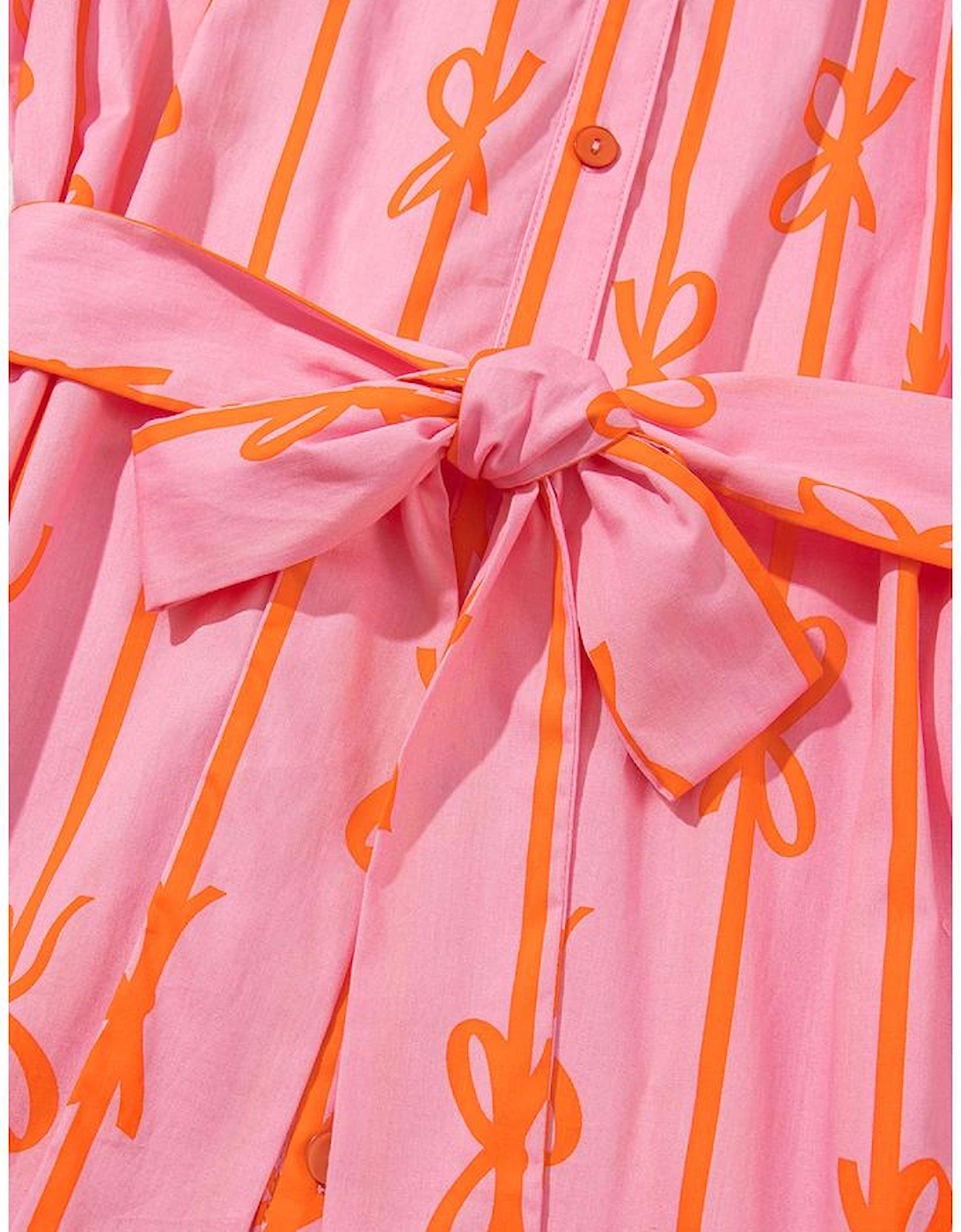 Pink Bowknot Striped Printed Bubble Sleeve Buttoned Belted Mini Dress