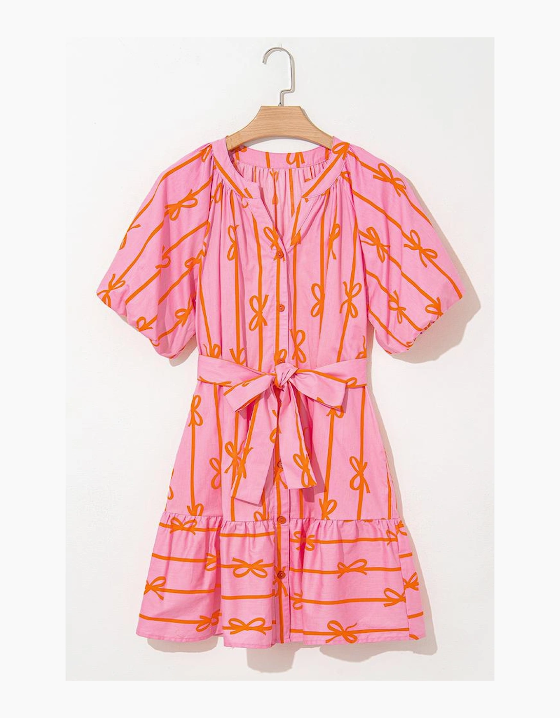 Pink Bowknot Striped Printed Bubble Sleeve Buttoned Belted Mini Dress