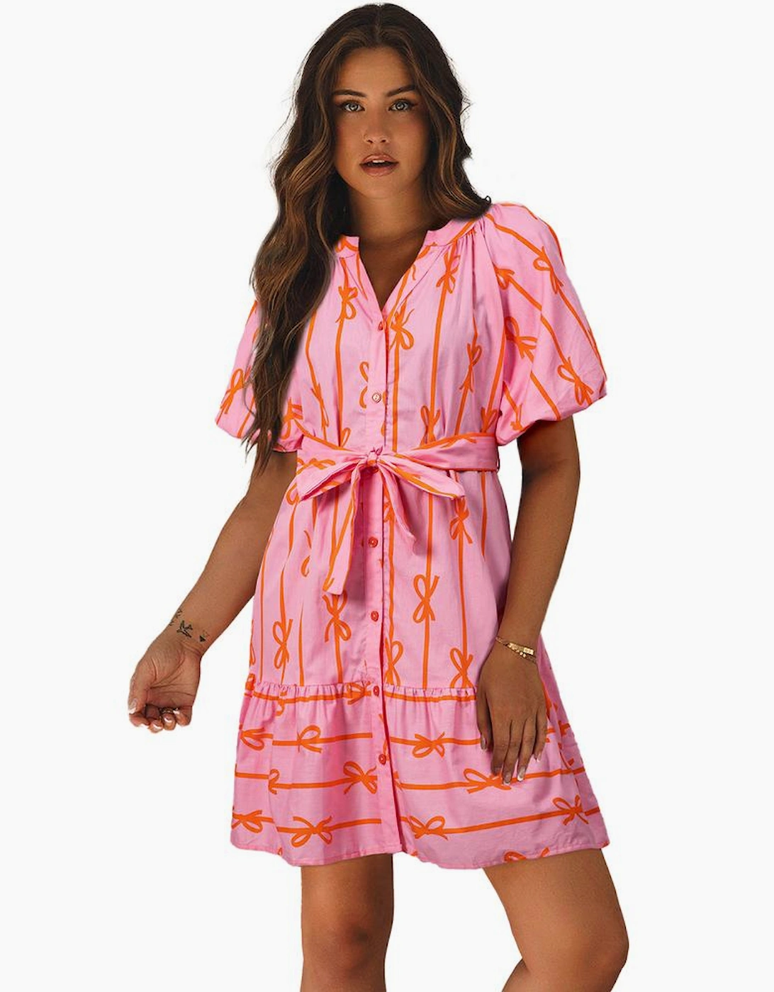 Pink Bowknot Striped Printed Bubble Sleeve Buttoned Belted Mini Dress
