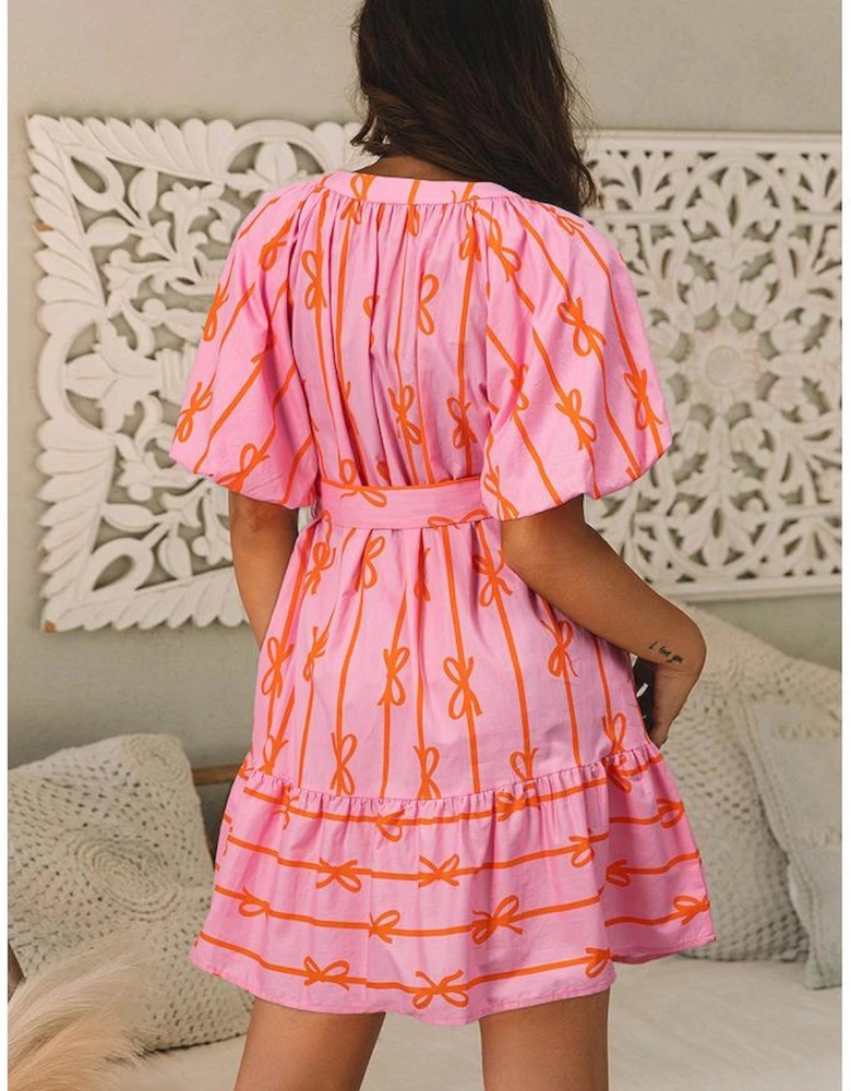 Pink Bowknot Striped Printed Bubble Sleeve Buttoned Belted Mini Dress