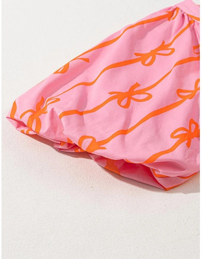 Pink Bowknot Striped Printed Bubble Sleeve Buttoned Belted Mini Dress