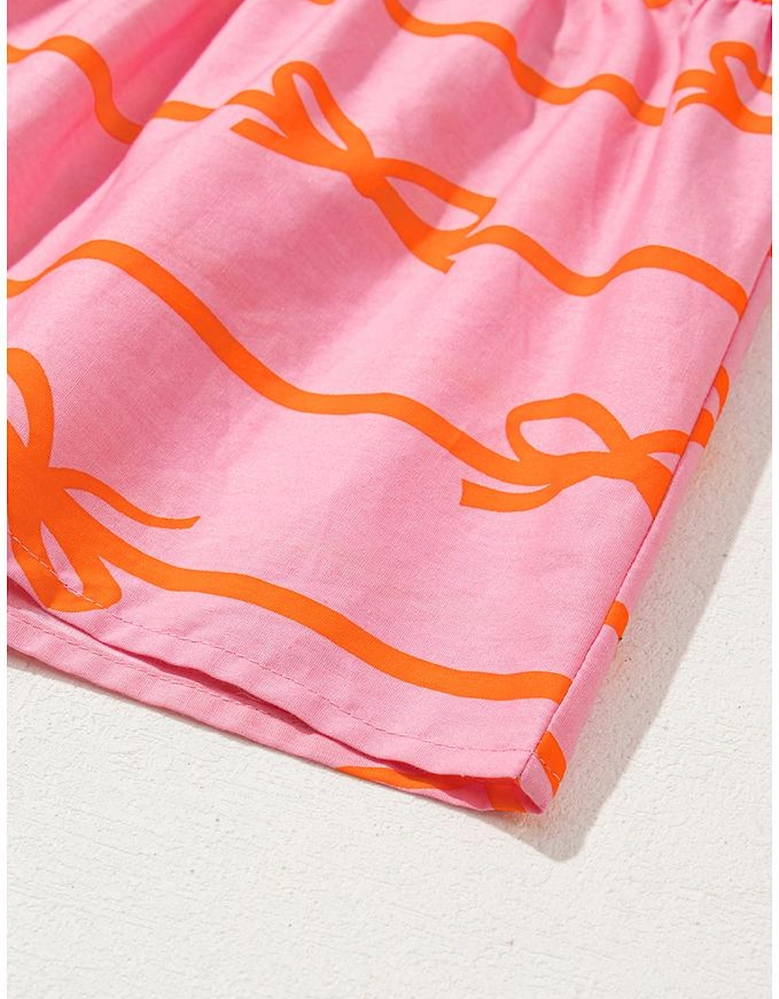 Pink Bowknot Striped Printed Bubble Sleeve Buttoned Belted Mini Dress