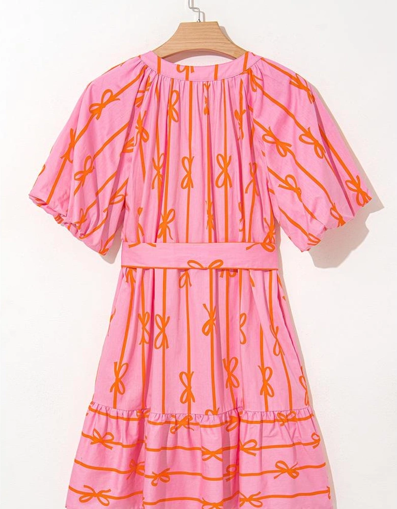 Pink Bowknot Striped Printed Bubble Sleeve Buttoned Belted Mini Dress