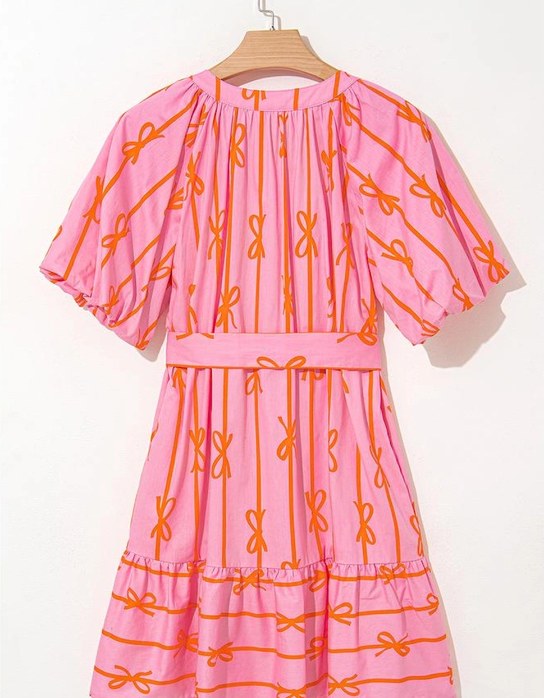 Pink Bowknot Striped Printed Bubble Sleeve Buttoned Belted Mini Dress