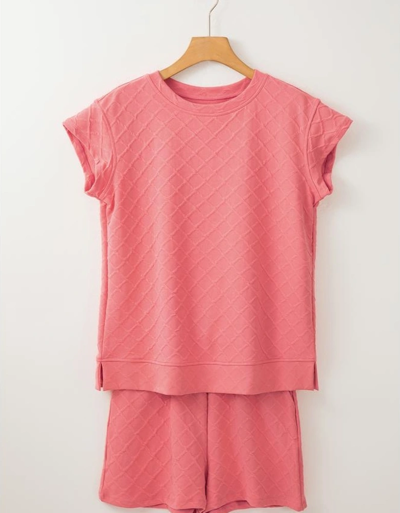 Casual Checkered Textured Tee and Drawstring Shorts